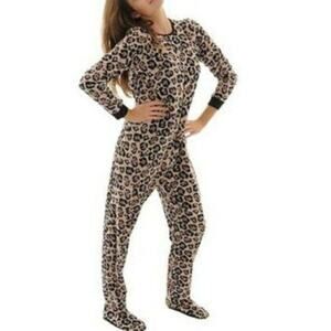 Nick & Nora Leopard One Piece Sleepwear Footed Pajamas Womens Small